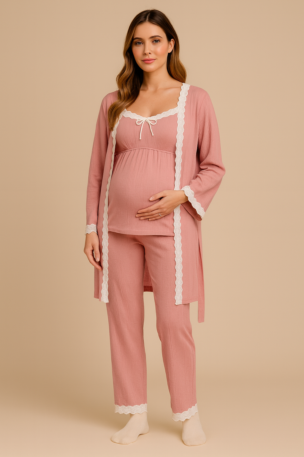 Maternity & Postpartum Sleepwear Set — Soft Camisole, Chest Pads & Nursing Cardigan (Three-Piece)