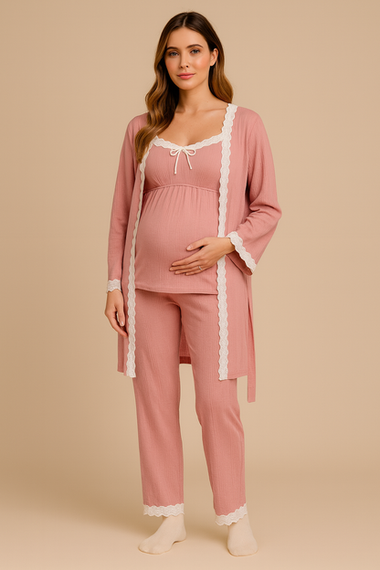 Maternity & Postpartum Sleepwear Set — Soft Camisole, Chest Pads & Nursing Cardigan (Three-Piece)