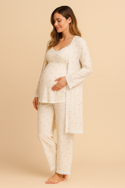 Maternity & Postpartum Sleepwear Set — Soft Camisole, Chest Pads & Nursing Cardigan (Three-Piece)