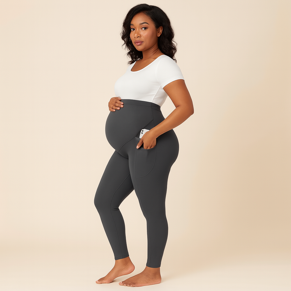 Maternity Active Support Leggings — Shark Skin Fabric, Adjustable Belly Band & Pockets