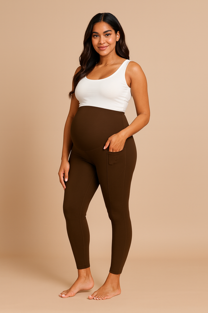 Maternity Active Support Leggings — Shark Skin Fabric, Adjustable Belly Band & Pockets