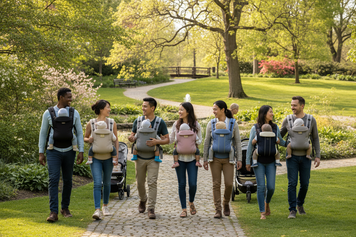 a community of men and women wearing the baby carrier walking and talking in the park wearing the baby carrier product on my store 
