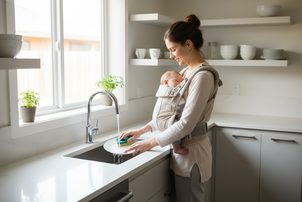 a women wearing my product the baby carrier with the baby strapped in the carrier on her chest, washing the dishes and the house is clean
