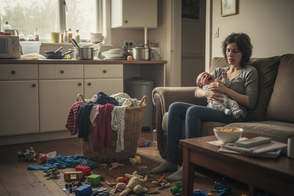 generate me an image of a mum who is trying get things done around the house but cannot because the baby wont settle, the sink is piled with dishes, the washing basket is overfilled with washing, the floor is dirty, there is toys everywhere 